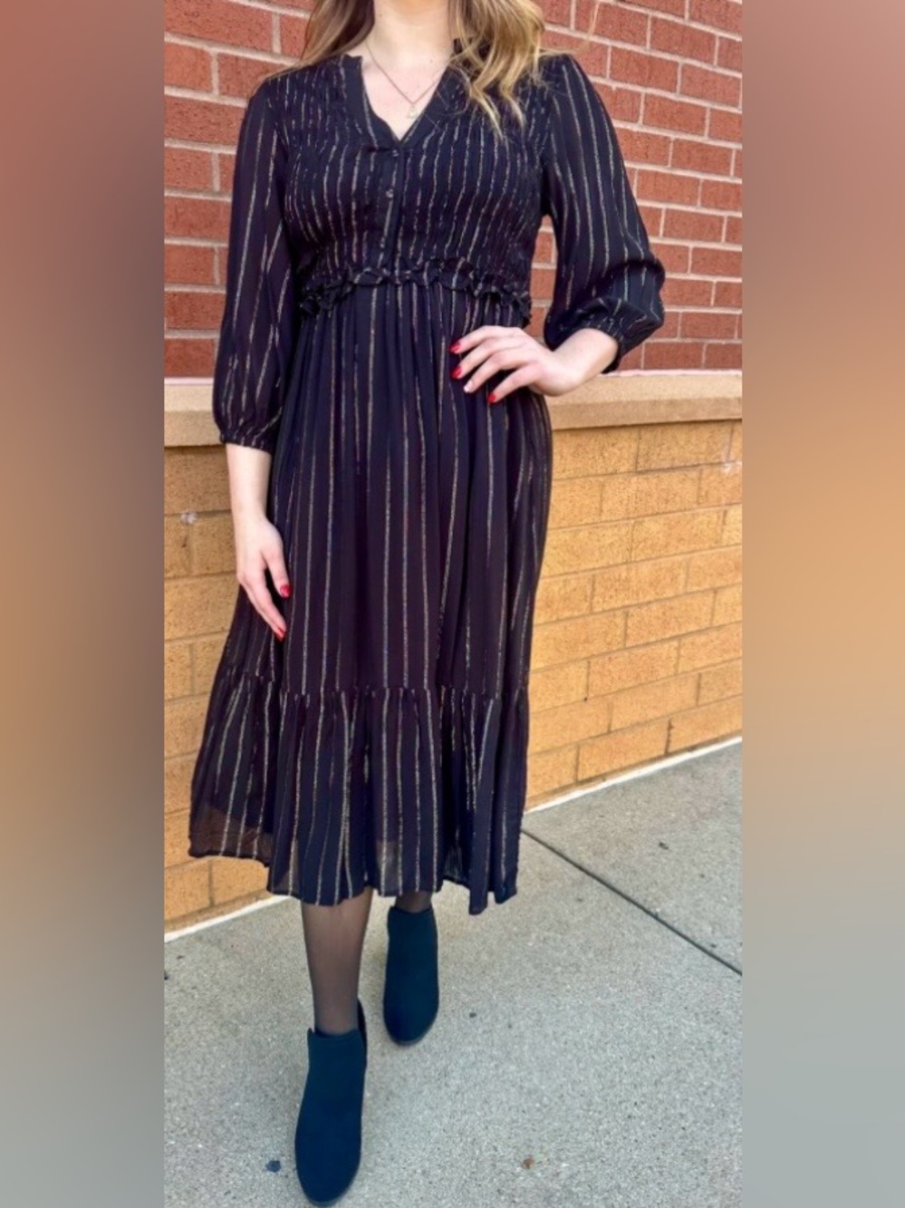 Umgee Black Midi Dress with Metallic Gold Stripes